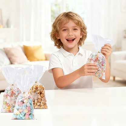 Aegero 120 Pcs Christmas Cellophane Treat Bags, Xmas Gift Candy Goodies Bags with 140 Pcs Twists for Xmas Party Favor Supplies,Kids Party Favors,Snacks Cookies Packing(10.63 x 5.12 inches,Christmas02)
