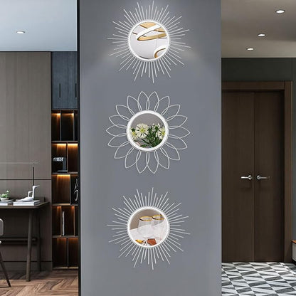 3 Pack Metal Mirrors for Wall Sunburst Wall Mirrors Home Décor Decorative Hanging Wall Art for Living Room Bedroom Entryway (Silver, Flower+Sunburst)