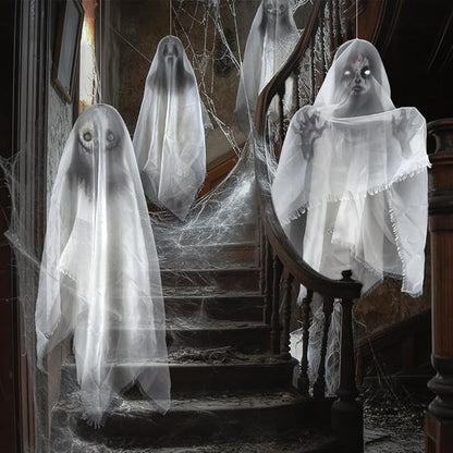 Cheerland Hanging Ghost Halloween Decoration Creepy Floating Ghost Garland Flying Ghouls for Haunted Mansion House Horror Parties Spooky Birthday Party Banner Scary Terror Fabric Yard Decor