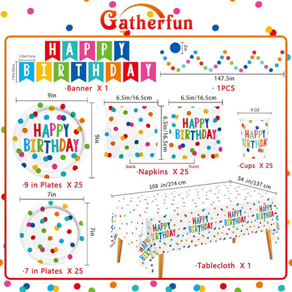 Happy Birthday Decorations: Happy Birthday Party Supplies Set with Birthday Dots Design- Includes Disposable Paper Birthday Plates and Napkins, Cups, Tablecloth, and Banner for decorations, Serves 25.