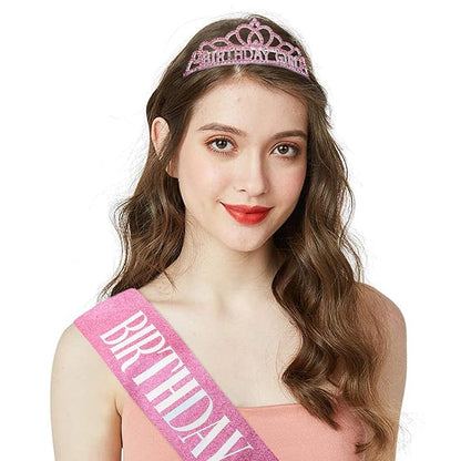 CIEHER Pink Birthday Crown and Sash Set, Women's Princess Birthday Accessory, One Size, Female, Girls