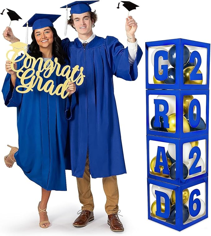 2026 Graduation Decorations - 4Pcs Blue Balloon Boxes with Letters 2026&Grad for Preschool Kindergarten Middle High School College Graduation Party Decorations Class of 2026