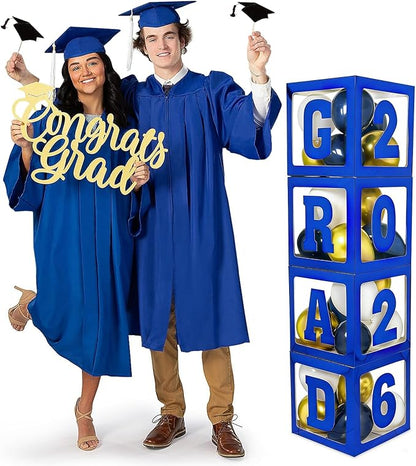 2026 Graduation Decorations - 4Pcs Blue Balloon Boxes with Letters 2026&Grad for Preschool Kindergarten Middle High School College Graduation Party Decorations Class of 2026