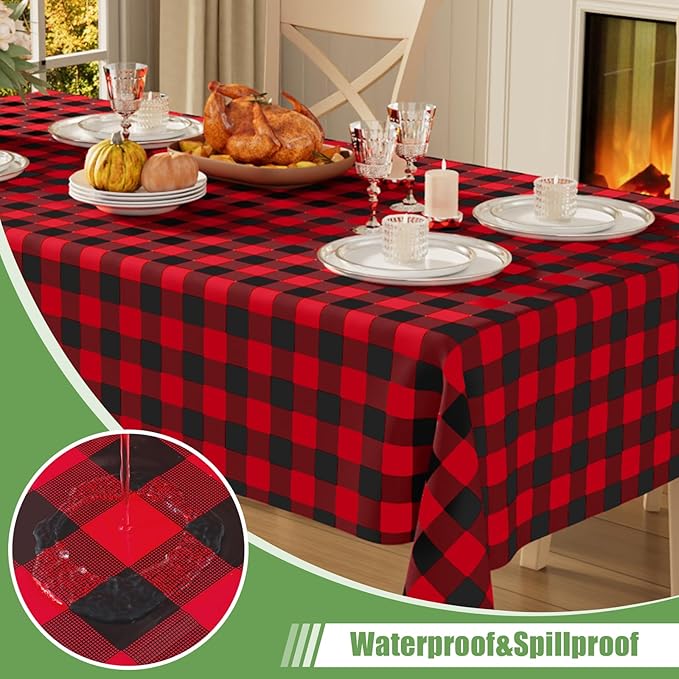 Smiry 10 Pack Gingham Disposable Table Cloth, 54 x 108 Inch Waterproof Plastic Tablecloth, Rectangle Black and Red Checkered Table Covers for Picnic, Birthday, Party