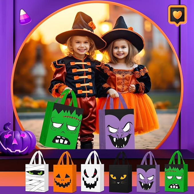 Locmeo 24 Pcs Large Halloween Candy Bags Reusable Non Woven Halloween Favor Bags Cat Ghost Vampire Zombie Pumpkin Tote Bag with Handles Bulk for Kids Birthday Party