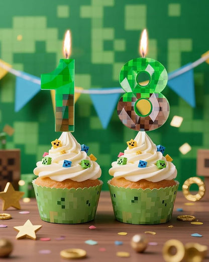 Pixel Birthday Candle, 2.68 Inch Miner Number Candles, Game Themed Candle Birthday Decoration for Pixel Theme Birthday Anniversary Dynamite Video Game Party (Green, 18)