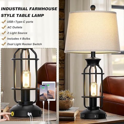 28" Vintage Table Lamps with USB C+A Ports & AC Outlet, Industrial Farmhouse Table Lamp Set of 2, Black Modern Nightstand Beside Lamps with 2 Night Light for Living Room Bedroom(4 LED Bulbs Included)
