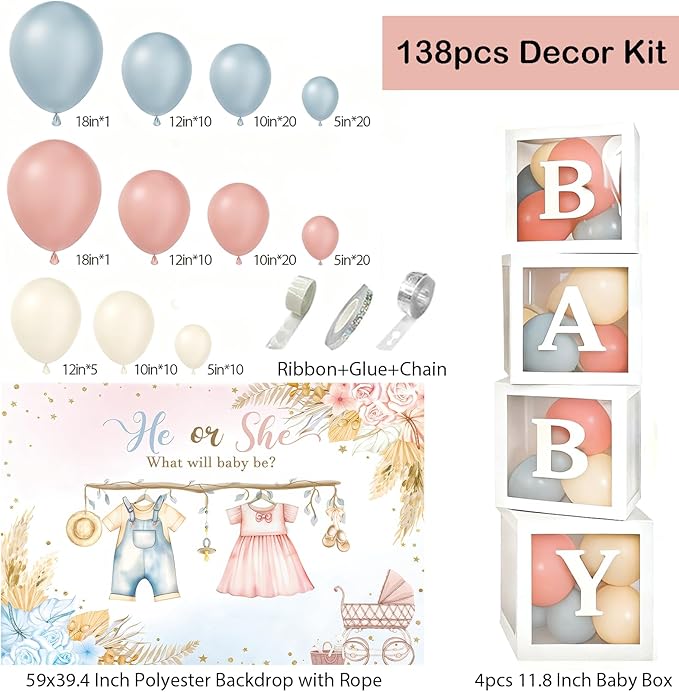 138Pcs Gender Reveal Decorations Kit with Dusty Pink Blue Balloon Garland Arch, Baby Box with Letters, He Or She Cloth Backdrop, Boy Or Girl Gender Reveal Ideas Decor Party Supplies