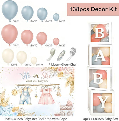 138Pcs Gender Reveal Decorations Kit with Dusty Pink Blue Balloon Garland Arch, Baby Box with Letters, He Or She Cloth Backdrop, Boy Or Girl Gender Reveal Ideas Decor Party Supplies