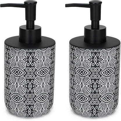 2pcs Hand Soap Dispenser Set, Boho Carving Resin Liquid Soap Dispensers for Bathroom Countertop, Heavy & Sturdy Dish Wash Soap Dispenser for Kitchen, Black