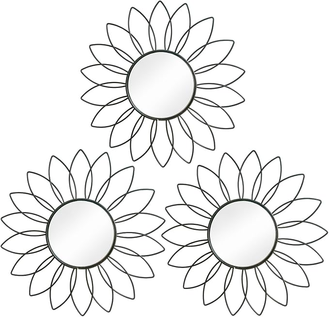 3 Pack Metal Mirrors for Wall Sunburst Wall Mirrors Home Décor Decorative Hanging Wall Art for Living Room Bedroom Entryway (Black2, Flowers)