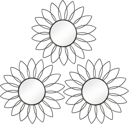 3 Pack Metal Mirrors for Wall Sunburst Wall Mirrors Home Décor Decorative Hanging Wall Art for Living Room Bedroom Entryway (Black2, Flowers)