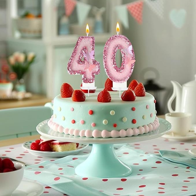 40Th Birthday Candles，Glitter Butterfly Cake Toppers Pink Sequins Wedding Numeral Cupcake Decorations，Suitable for Girl and Boy Wedding Cakes, Party Celebrations, Birthday Decorations (40)