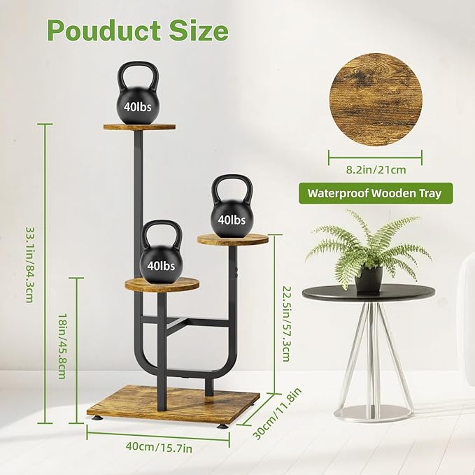 iDavosic.ly 3 Tier Plant Stand Indoor, Corner Tiered Multiple Flower Holder Shelf with Wooden Trays, Orchid Display Metal Rack for Patio Porch Living Room Balcony Outdoor, Modern Black & Rustic Brown