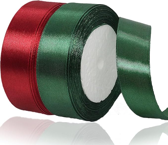 Dark Green Christmas Ribbon, Burgundy Satin Ribbon 1 Inch 50 Yards, Fabric Ribbons for Christmas Party Decorations, Gift Wrapping, Tree Ornaments, Bouquets, Door Wreaths, Bows Making and DIY Crafts