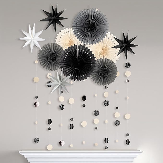 Cheerland Black White Star Party Decorations Gothic Summerween Decor Garland Glitter Hanging Paper Fan Dots Circle Backdrop Stars Steamer Banner Party Photobooth Background Birthday Party Supplies