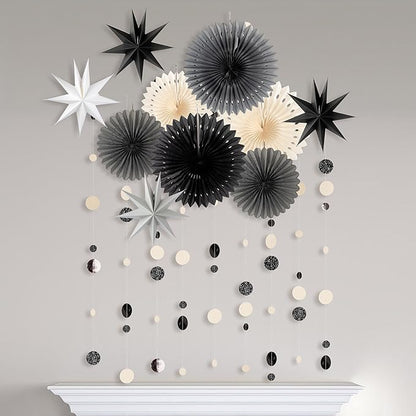Cheerland Black White Star Party Decorations Gothic Summerween Decor Garland Glitter Hanging Paper Fan Dots Circle Backdrop Stars Steamer Banner Party Photobooth Background Birthday Party Supplies