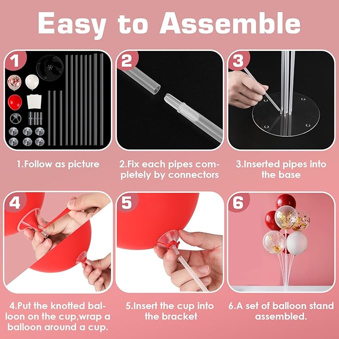 Voircoloria 6 Sets Balloon Stand Kits, Balloon Sticks with Base for Table Centerpieces Graduation Birthday Baby Shower Gender Reveal Party Decorations(Red&White)