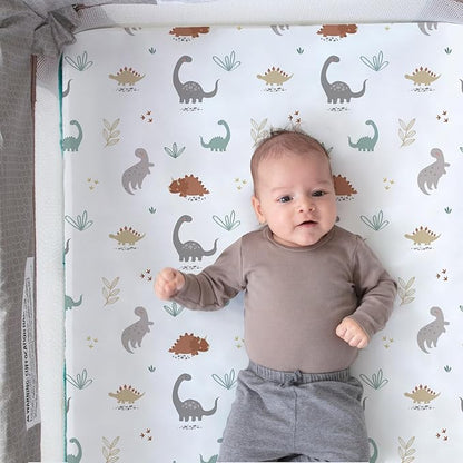 Pack n Play Sheets, BROLEX 2 Pack Mini Crib Sheets,Stretchy Portable Fitted Playard Sheet Set, Convertible Playard Mattress Cover,Ultra Soft Breathable Material,Cute Dinosaurs
