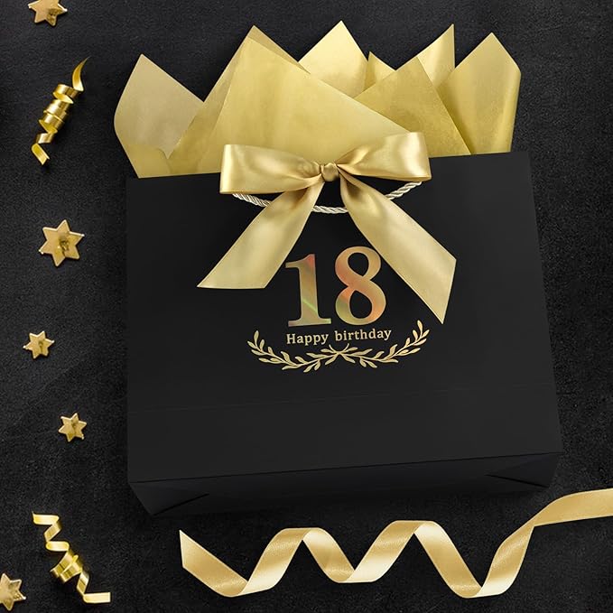 JMANNI Black Gold 18th Birthday Gift Bag with Card and Tissue Paper, 12.6"×9.84"×3.9" Elegant Present Bag for Adults, 18 Year Old Birthday Keepsake Party Supplies