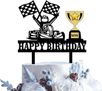 Karts Race Birthday Cake Topper Go Karting Cake Decor Go Kart Theme Cake Decoration Race Flags Cake Ornament Racing Car Checkered Flag Birthday Cake Topper