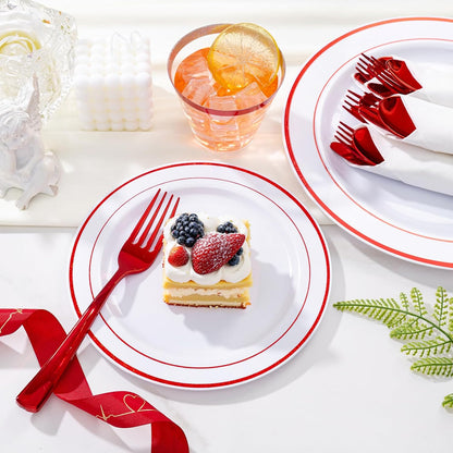 WELLIFE 210 Piece Red Plastic Dinnerware Set, Disposable Plates for Party,Include: 30 Dinner Plates, 30 Dessert Plates, 30 Pre Rolled Napkins with Gold Silverware and 30 Gold Cups