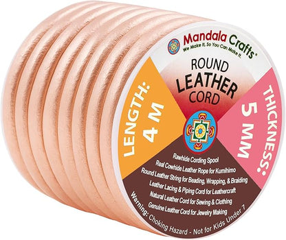 Mandala Crafts Round Genuine Rose Gold Leather Cord for Jewelry Making – 5mm Cowhide Leather Rope String Lace for Kumihimo – 4.4 Yards Cowhide Craft Cording Spool