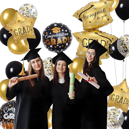 21 PCS Graduation Decorations Balloons, Black and Gold Balloon Grad Cap Round & Star Foil Balloons Congrats Grad for Boy Girls Graduation Party Decorations Supplies
