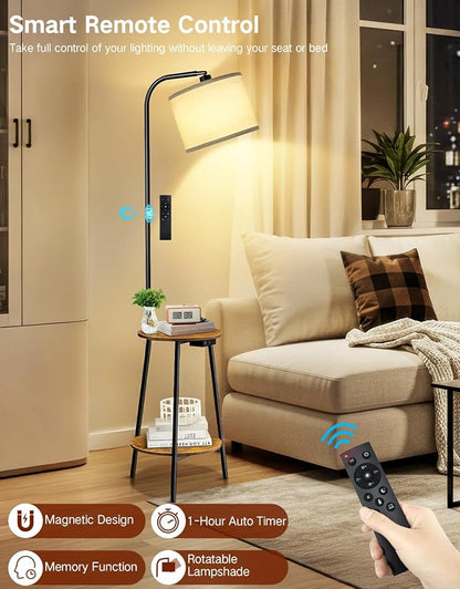 Floor Lamp with Round Table, Dimmable LED Standing Lamp with Remote, 3 Color Temperatures, Side Table with Charging Station, Space-Saving End Table for Living Room, Bedroom, Office