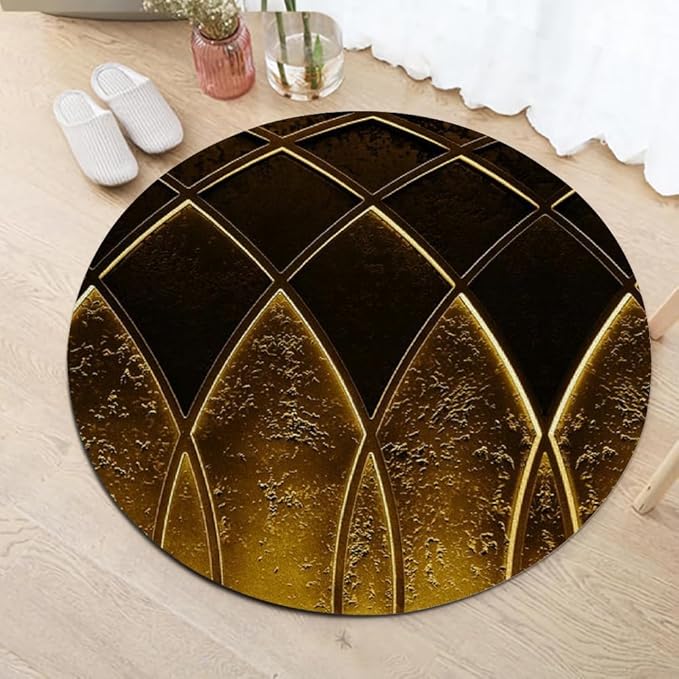 Luxury Black Gold Round Rug Vintage Golden Texture Living Room Circle Area Rugs 6ft Washable Soft Non Slip Low Pile Indoor Floor Carpet for Bedroom Office Kitchen Coffee Table