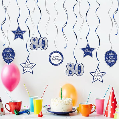 Happy 80th Birthday Blue & Silver Glitter Swirls Streamers Party Decorations - 15 Pcs 80th Birthday Hanging Swirls Streamers Kit,Cheers to Eighty Years Old Bday Party Sign.