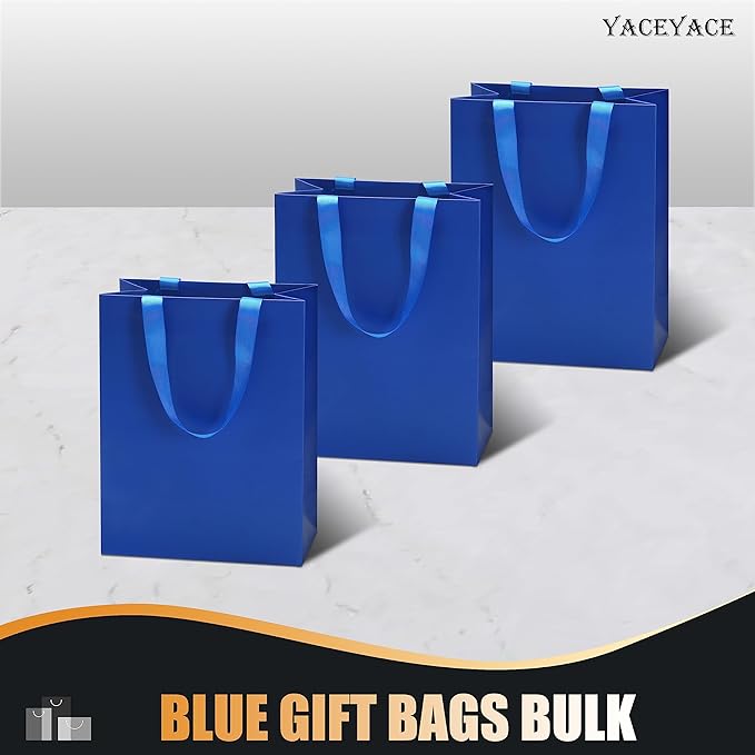 Blue Medium Gift Bags, 20Pcs 8x4.25x10.5 Inch, Wedding, Birthday, Party, Blue Paper Gift Wrap Bags with Ribbon Handles