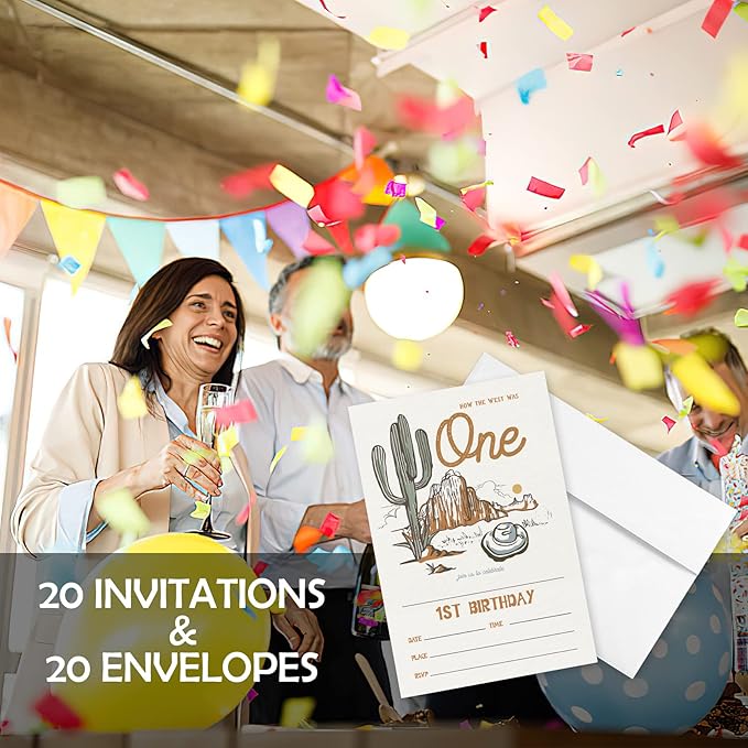 AEHIE 20 Sets Western 1st Birthday Party Invitations With Envelopes,How The West Was One Double-sided Printed Birthday Party Invitation Invite Cards for Baby Girls Boys,1st Rodeo Birthday Invites