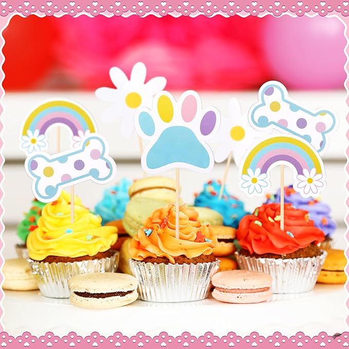 Foilswirl 48 Pcs Blue Dog Cake Cupcake Toppers Set Cartoon Paw Daisy Dog Cake Topper Birthday Decorations Flowers Daisy and Rainbow Topper Party Supplies for Blue Puppy Theme Shower Supplies