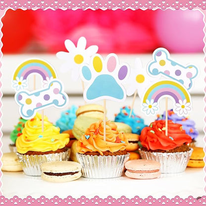 Foilswirl 48 Pcs Blue Dog Cake Cupcake Toppers Set Cartoon Paw Daisy Dog Cake Topper Birthday Decorations Flowers Daisy and Rainbow Topper Party Supplies for Blue Puppy Theme Shower Supplies