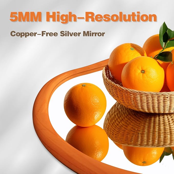 Irregular Wall Mirror with Wood Frame, 35" x 24" Orange Asymmetrical Mirror, Decorative Mirrors for Bedroom Living Room Entryway Hallway Cloakroom, Shatterproof, Horizontal/Vertical