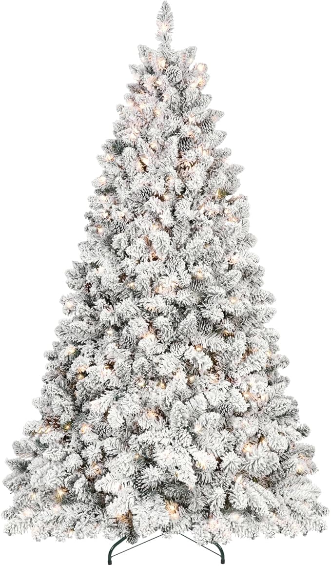 9FT Prelit Flocked Christmas Tree with 850 Lights & 2240 Branch Tips, Pre Lit Hinged Xmas Tree with Memory Wire Technology, Premium Artificial Christmas Tree with Pine Cone for Holiday Decoration