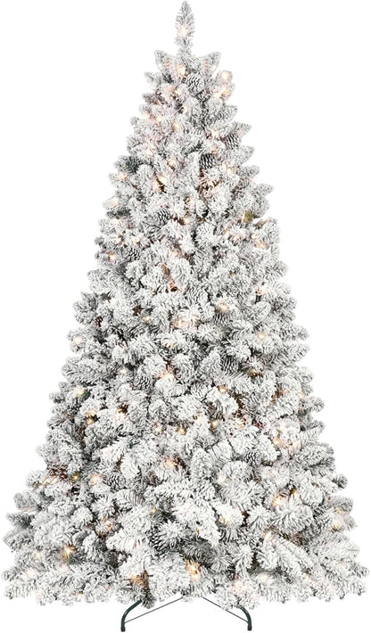 9FT Prelit Flocked Christmas Tree with 850 Lights & 2240 Branch Tips, Pre Lit Hinged Xmas Tree with Memory Wire Technology, Premium Artificial Christmas Tree with Pine Cone for Holiday Decoration