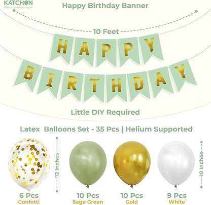 KatchOn, Sage Green Birthday Decorations - Pack of 51 | Happy Birthday Banner, Latex Balloons Arch Kit, Gold Fringe, Star Foil Balloons, Butterfly Theme Decor | Birthday Decorations for Women, Men