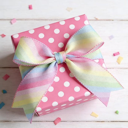 Meseey 2.5 Inch x 10 Yards Rainbow Pastel Striped Wired Ribbon, Gradient Color Wired Edge Ribbon for Easter Wreaths, Gift Wrapping, Easter Baskets, DIY Crafts, Birthday Party Decorations