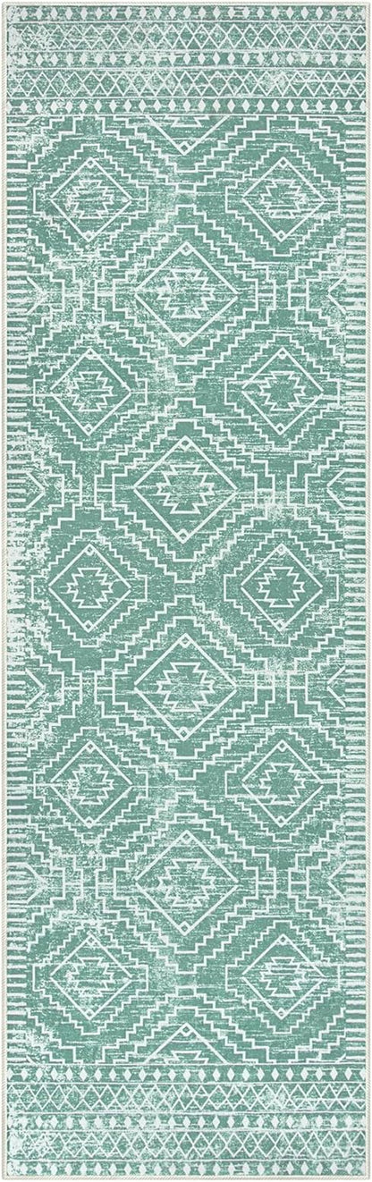 Wonnitar Moroccan 2'6"x8' Washable Kitchen and Bathroom Rug, Sage Green Boho Laundry Room Carpet, Thin Non-Slip Runner for Bedroom Hallway Closet (Mint Green, 2'6"x8')