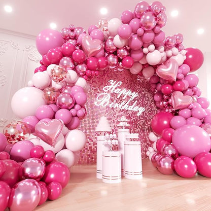 Pink Balloons Garland Arch Kit - 161Pcs Different Size Hot Pink Metallic Pink Shades of Pink and Pink Heart Balloons for Girl Birthday Baby Shower Princess Valentine's Day Party Decorations