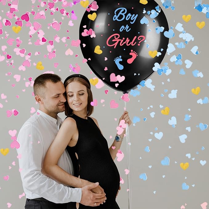 JOYYPDP Gender Reveal Balloons - 2 Pack 36 Inch Black Boy or Girl Balloon with Pink and Blue Heart-Shaped Confetti for Gender Reveal Party Decorations