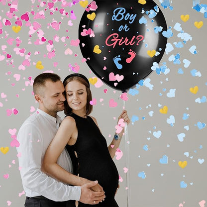 JOYYPDP Gender Reveal Balloons - 2 Pack 36 Inch Black Boy or Girl Balloon with Pink and Blue Heart-Shaped Confetti for Gender Reveal Party Decorations