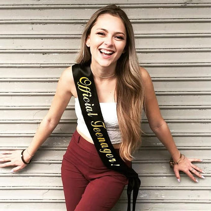 Gold Foil 'Official Teenager' Black Birthday Sash for Boy, 13th Birthday Sash for Bday Party Decorations Gifts Favors