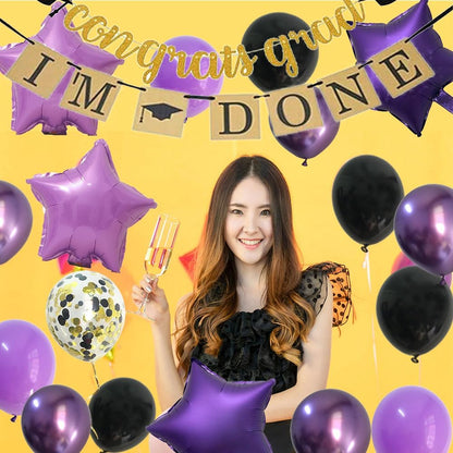 Purple Graduation Decorations – 2024 Lavender Grad Party Balloons Supplies with Black Gold Congrats Banner Decor (Black + Lavender + Purple)