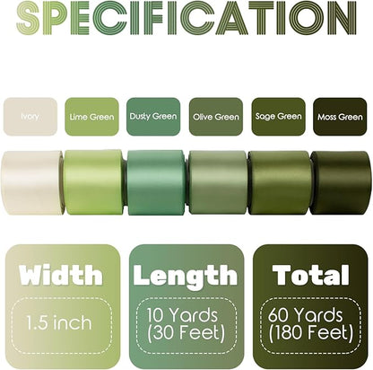 Green Ribbon 1-1/2 Inch x 60Yards Assorted Sage, Olive, Moss, Lime, Dusty Green, Ivory, Double Faced Satin Ribbons Set for Wedding, Flower Bouquet, Gift Wrapping, Hair Bow Crafts