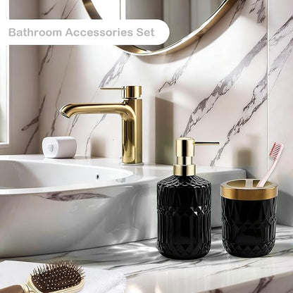 2Pcs Black Bathroom Accessories Set, Glass Bathroom Accessories, Vintage Bathroom Countertop Decoration Includes Soap Dispenser, Toothbrush Holder