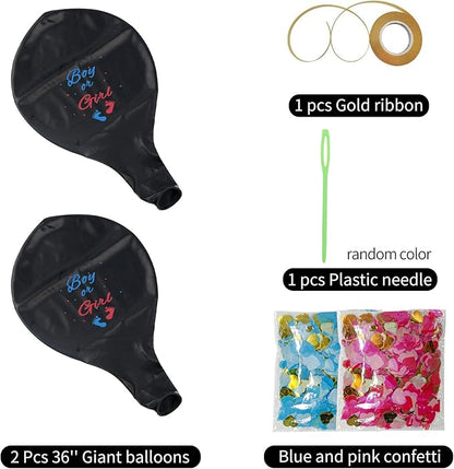 JOYYPDP Gender Reveal Balloons - 2 Pack 36 Inch Black Boy or Girl Balloon with Pink and Blue Heart-Shaped Confetti for Gender Reveal Party Decorations