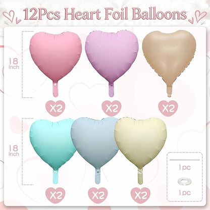 Pastel Heart Balloons, 12 Pcs Rainbow Macaron Pink Blue Green Purple Yellow Apricot Heart Shape Foil Balloon, 18 Inch Pastel Colorful Helium Balloon for Baby Shower Birthday Easter Bridal Shower Party